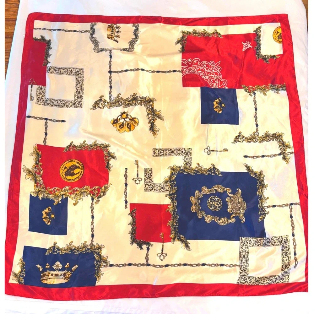 Vintage Style Square Silk Feel Scarf Red Navy Blue Gold Chain‎ Print 35x35